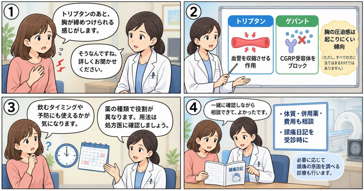 ゲパントとトリプタンの違いは？胸の圧迫感や飲む時期に悩む方へ